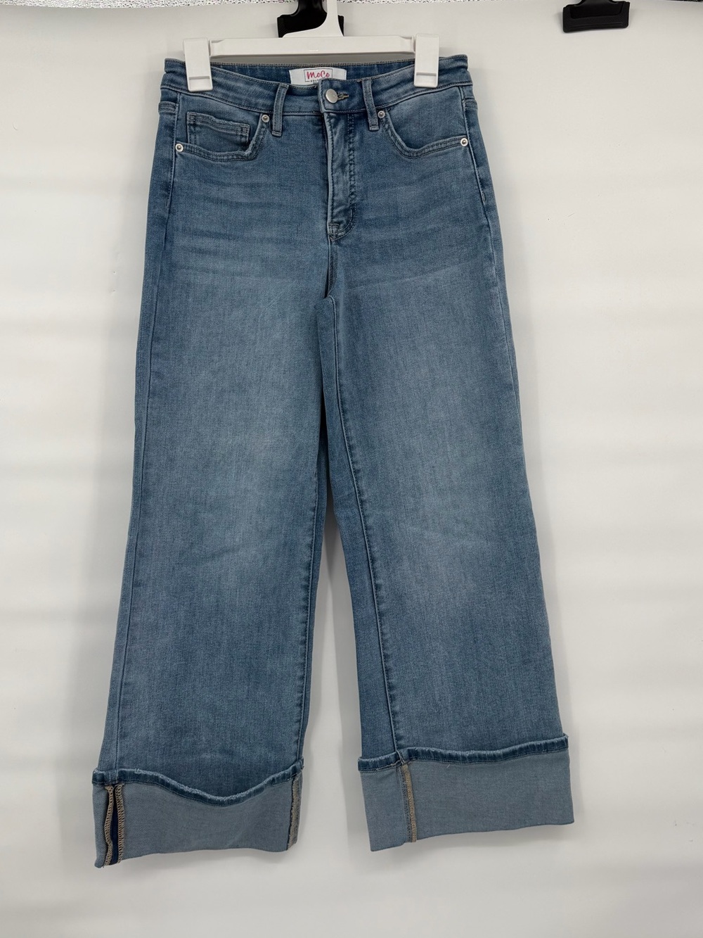 Moco light wash wide leg cuffed tummy control stretch denim jeans